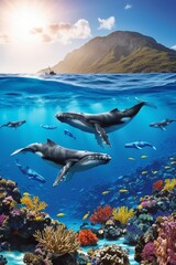 Amine type Wallpaper in 4k quality,The image depicts a vibrant underwater scene with colorful coral reefs and a mountainous landscape. 