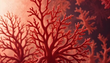 Red coral-like structures with glowing, intricate patterns against a blurred, reddish background