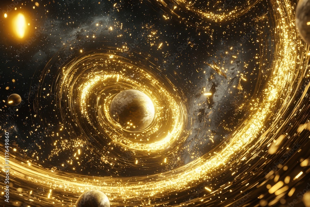 Poster planetary collision frozen in time a golden cosmic event in the depths of space captured from an oth