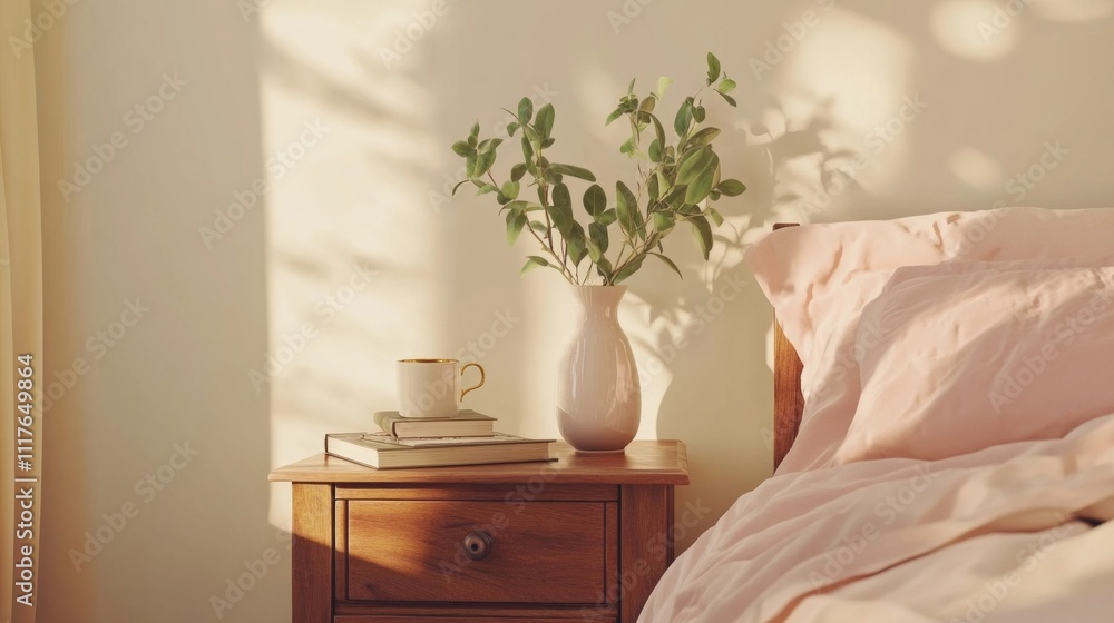 Poster sunlight streams gently through a window, casting soft shadows on a serene bedroom. a vase of greene