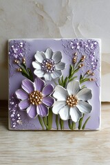 watercolor art, a painting of flowers and sparkles on a tile,