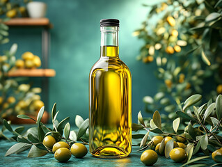bottle of olives oil with olives