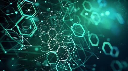 Obraz premium An abstract background with interconnected hexagonal patterns and glowing nodes in shades of green and blue