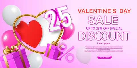 valentine's day sale banner vector illustration.special discount up to 25% off, valentine's day business promotion and celebration concept advertising background.