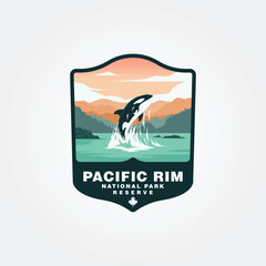 view of an orca whale jumping on pacific rim national park vector logo design