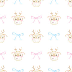 Fototapeta premium Deer, bow. Watercolor seamless pattern in pastel colors. Cute cartoon illustration for textile and paper for Christmas