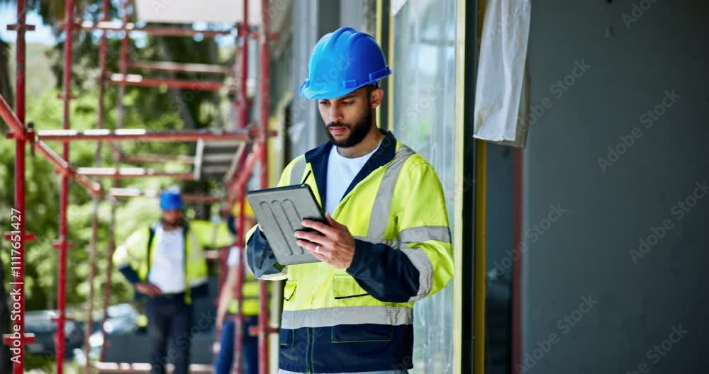 Poster engineer, typing and tablet with blueprint, digital plans and instructions with directions for safet