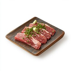 Fototapeta premium Savoring luxury marble wagyu meat slices japanese culinary experience gourmet dining contemporary setting exquisite presentation for food enthusiasts