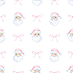 Santa Claus, bow. Watercolor seamless pattern in pastel colors. Cute cartoon illustration for textile and paper for Christmas