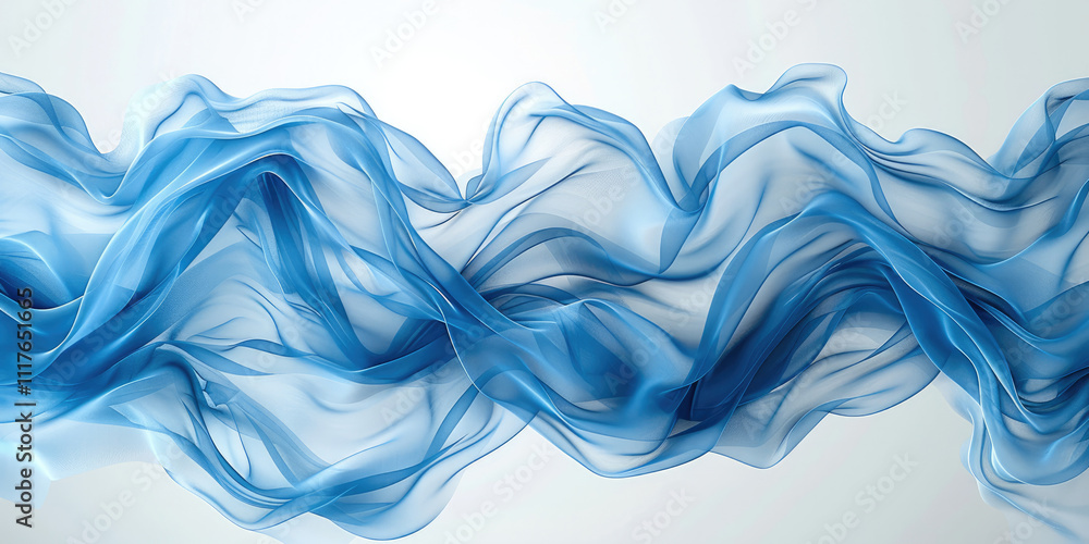 Leinwandbilder Translucent fabric in a light blue color flying all over the scene, creating a dynamic and ethereal effect. The background is minimalistic.