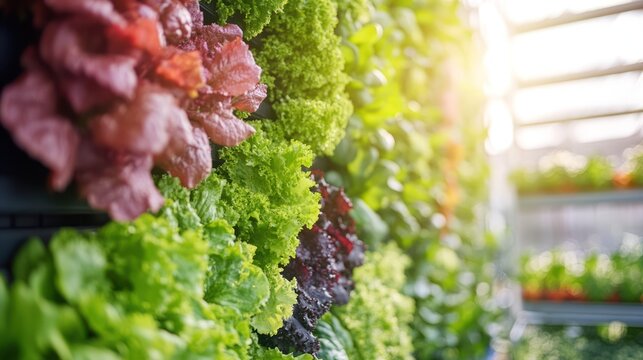 Close-up of lush green and red lettuce growing on a vertical hydroponic wall in a greenhouse.