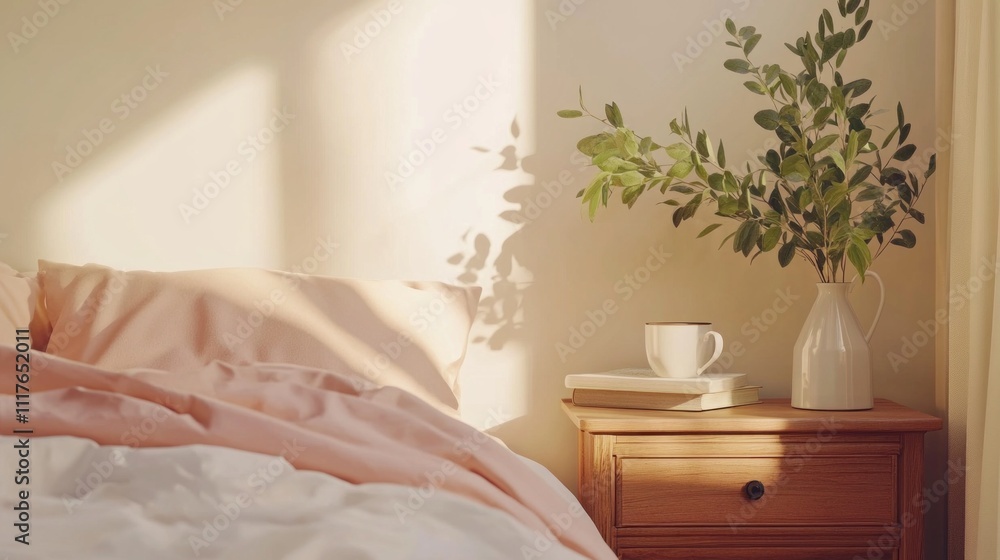 Aufkleber soft sunlight streams through the window, creating a warm glow in a tranquil bedroom. a neatly made 