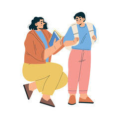 Boy Schoolkid Character with Mom Put Book in Backpack for School Vector Illustration