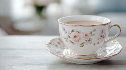 Elegant British Cup of Tea with Milk in Floral Porcelain on Wooden Table