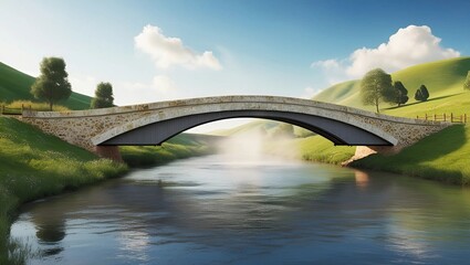 Fototapeta premium A serene arch bridge with a rustic, stone exterior and a worn, wooden deck, elegantly spans a meandering rural river, encircled by lush, emerald green hills, with a few clusters of tall trees and scat