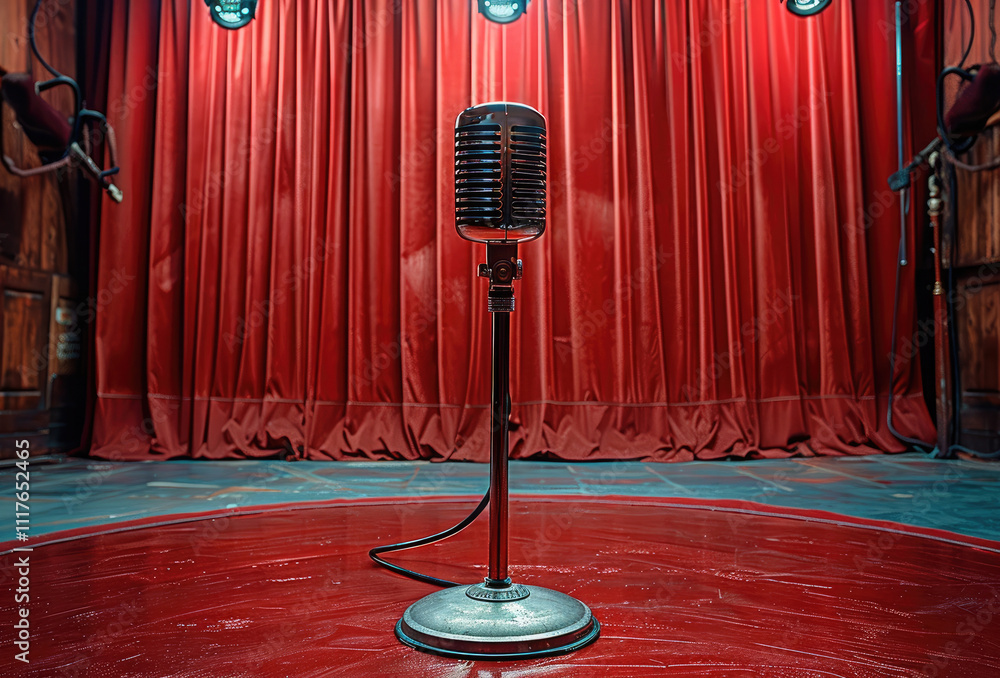 Poster theater stage with a red curtain backdrop and an old microphone.