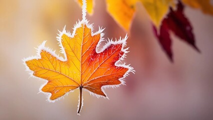 A solitary, intricately detailed, frost-covered autumn leaf is suspended against a soft, muted background, its vivid colours bursting with vibrancy, showcasing an mesmerizing array of golden yellows, 