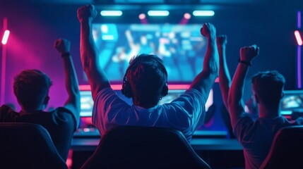 Three enthusiastic gamers celebrate a pivotal moment in a competitive esports match. The ambiance is charged with vibrant colors and high-energy excitement, immersing all present