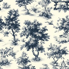 Countryside Seamless Pattern in Blue and White