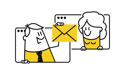 Man and a woman are holding a yellow envelope. The man is smiling and the woman is smiling as well. Concept of happiness and warmth. Hand drawn vector illustration. Black and white.