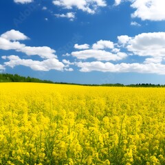 Obraz premium A field of yellow rapeseed flowers with a blue sky. 