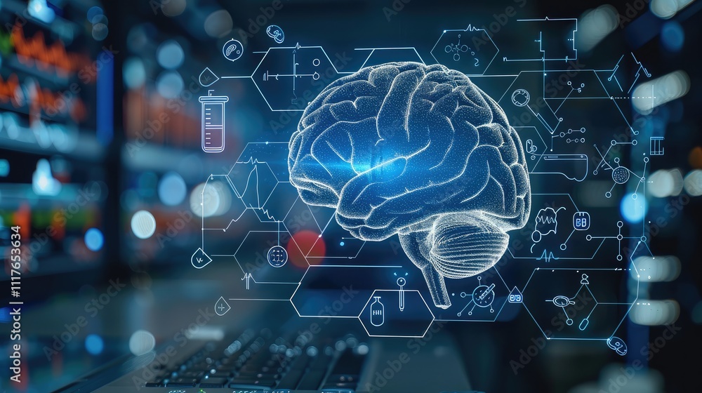 Aufkleber a digital brain with icons representing various medical spheres of work, such as laboratory research