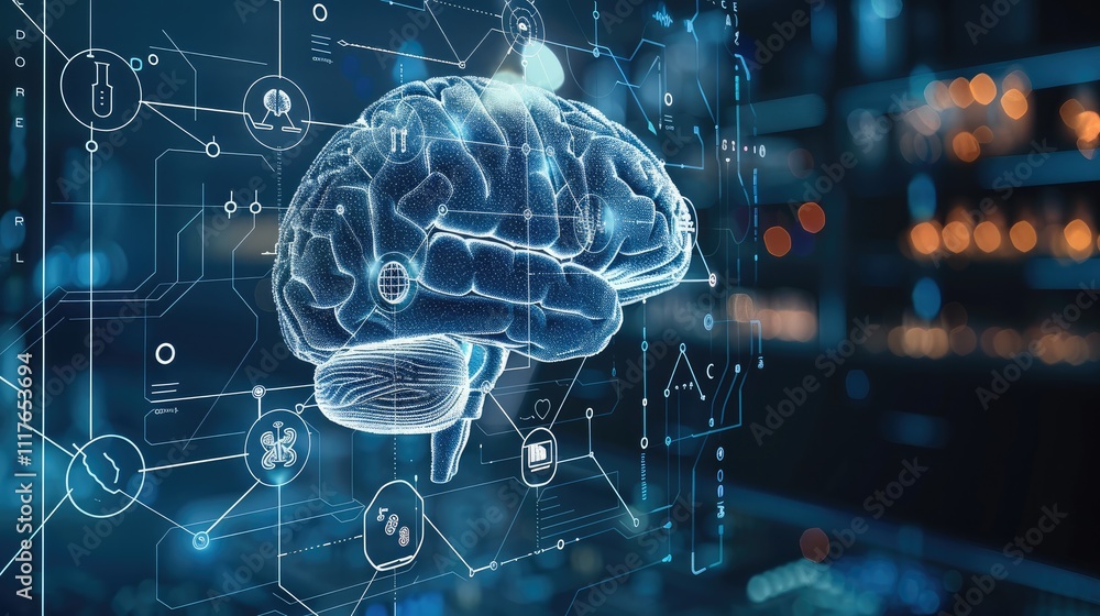 Aufkleber A digital brain with icons representing various medical spheres of work, such as laboratory research and patient care. The background is dark blue.