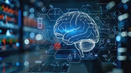 A digital brain with icons representing various medical spheres of work, such as laboratory research and patient care. The background is dark blue.