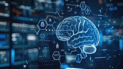 A digital brain with icons representing various medical spheres of work, such as laboratory research and patient care. The background is dark blue.