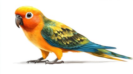 Colorful Tropical Parrot with Bright Orange and Green Feathers on White Background