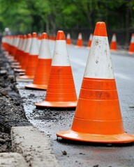 A row of orange traffic cones lining a road under construction.