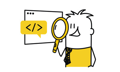 Man is holding a magnifying glass and looking at a computer screen. The screen has a lot of code on it. The man is smiling. Hand drawn vector illustration. Black and white.