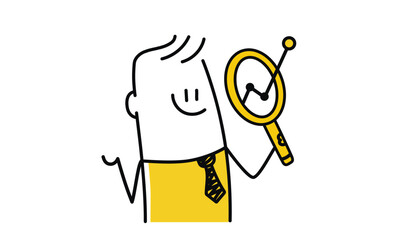 Cartoon man holding a magnifying glass. He smiles and studies the chart. Hand drawn vector illustration. Black and white.