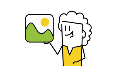 Web designer. Cartoon woman holding a picture of a green hillside. The hillside is covered in green grass and the sun is shining brightly. Hand drawn vector illustration. Black and white.