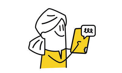 Cartoon girl is holding a tablet and smiling. The tablet has a message on it that says 