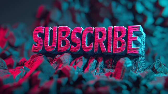 Bold 3D subscribe text with rugged textures and dramatic neon lighting, set against a rocky, stylized background - Powered by Adobe
