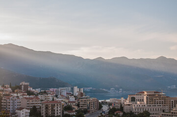 Obraz premium View of the village of Becici at sunrise, Montenegro