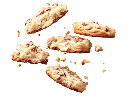 a group of cookies with crumbs