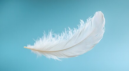 Naklejka premium A single floating white feather floats in the air against a light blue background, highlighting the softness of the feather. Representing a feeling of calm and tranquility. It looks very beautiful.