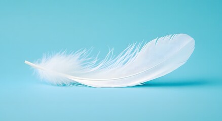 Fototapeta premium A single floating white feather floats in the air against a light blue background, highlighting the softness of the feather. Representing a feeling of calm and tranquility. It looks very beautiful.