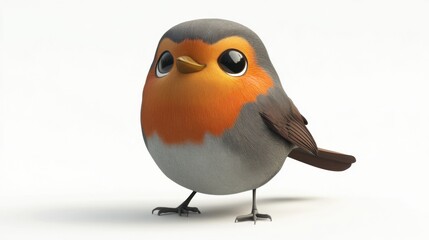 Cute cartoon bird character with big eyes, fluffy feathers, and vibrant orange chest, standing on white background