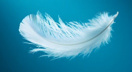 A single floating white feather floats in the air against a light blue background, highlighting the softness of the feather. Representing a feeling of calm and tranquility. It looks very beautiful.