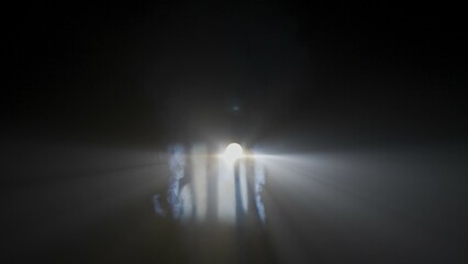 Bright liner white spotlights rays of professional lighting equipment shining in darkness on black background smoke streaming through, middle shot.