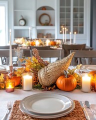 A beautifully arranged Thanksgiving table with pumpkins and candles.