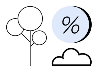 A minimalist design featuring a simple tree with three spherical leaves, a cloud, and a large percentage symbol in a blue circle. Ideal for environmental themes, weather forecasts, financial