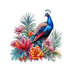 Majestic Peacock Amidst Vibrant Tropical Blooms