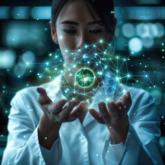 A scientific women with white coat holding the futuristic digital seed in her hands. The futuristic digital seed looks like interconnected spheric molecules of copper color.