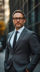 Fototapeta premium Confident businessman stands strong in modern cityscape, showcasing professionalism and style
