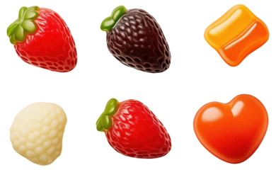 Colorful gummy candies in various shapes including fruit and heart