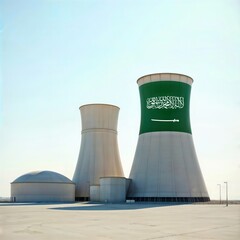 Obraz premium Dual Domes of Clean Power. Impressive nuclear plant with Saudi Arabian flag.